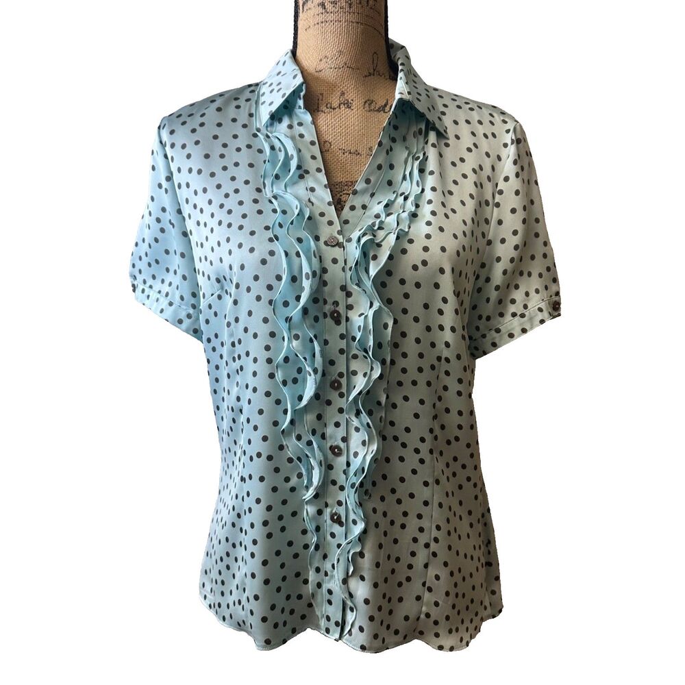 Gerry Weber Women’s Blue Polka Dot Button Down Ruffle Front Blouse Sz M